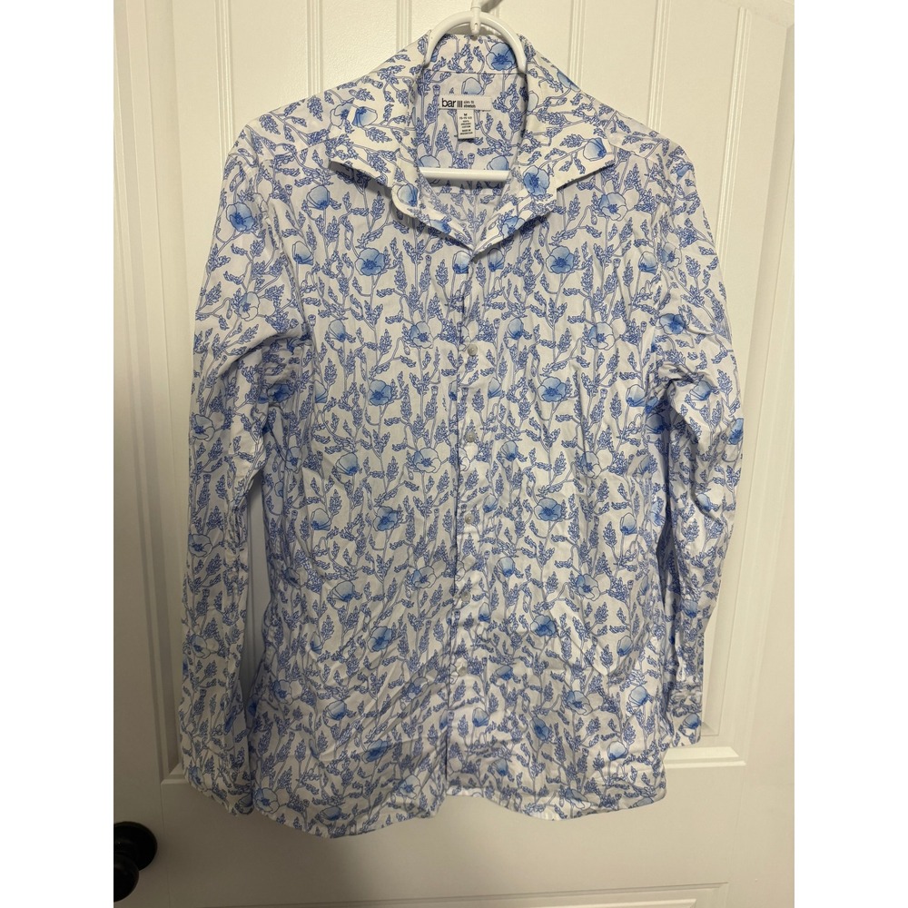 Bar III Button Down Shirt Mens Medium Slim Fit Stretch Blue Floral Poppy EUC